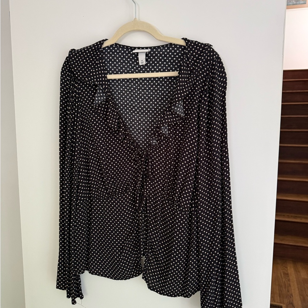 Ava & Viv Black & White Polka Dot Ruffle Tie-Front Blouse Plus Size 1X